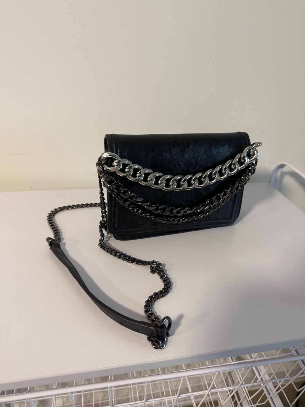 Zara Black Leather-Look Crossbody with Chunky Silver Chains